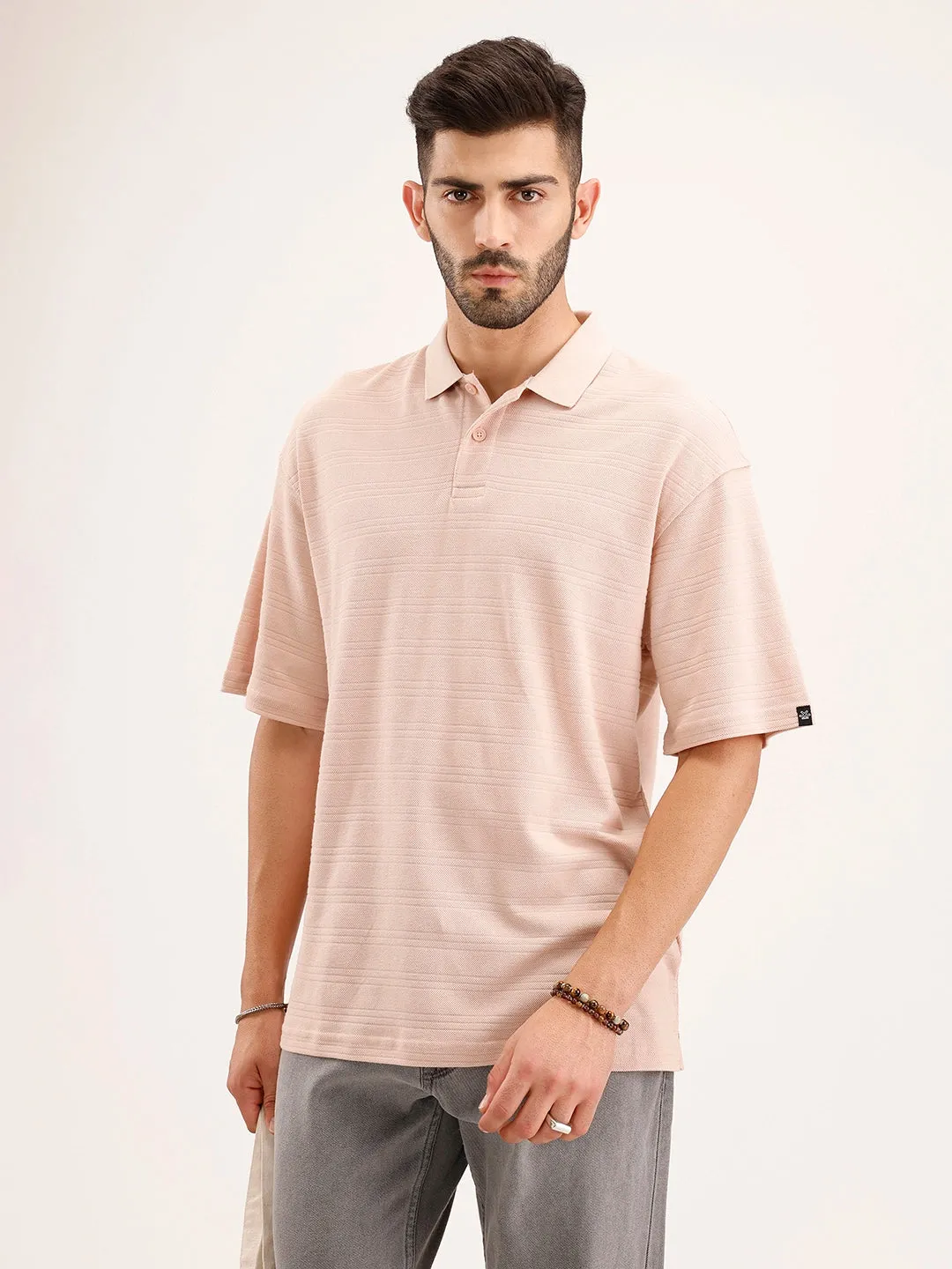 Textured Oversized Polo T-Shirt | Pink sold by Wrogn