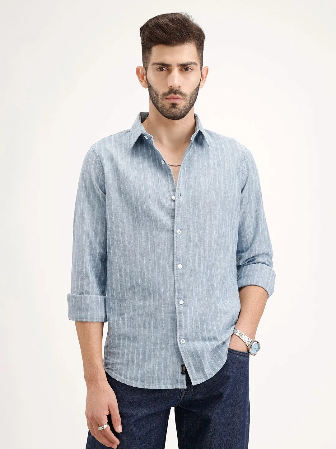 Slim Fit Striped Shirt | Blue sold by Wrogn