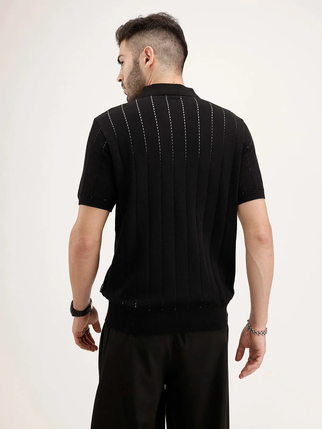 Slim Fit Flat Knit Textured T-Shirt | Black sold by Wrogn product image thumbnail 3