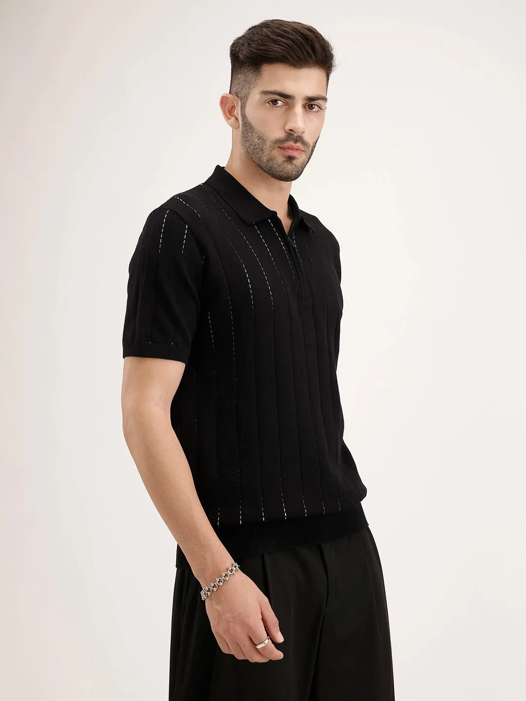 Slim Fit Flat Knit Textured T-Shirt | Black sold by Wrogn product image thumbnail 4