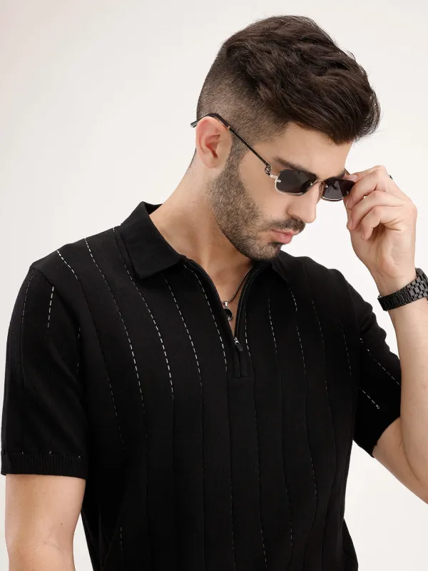 Slim Fit Flat Knit Textured T-Shirt | Black made by Wrogn