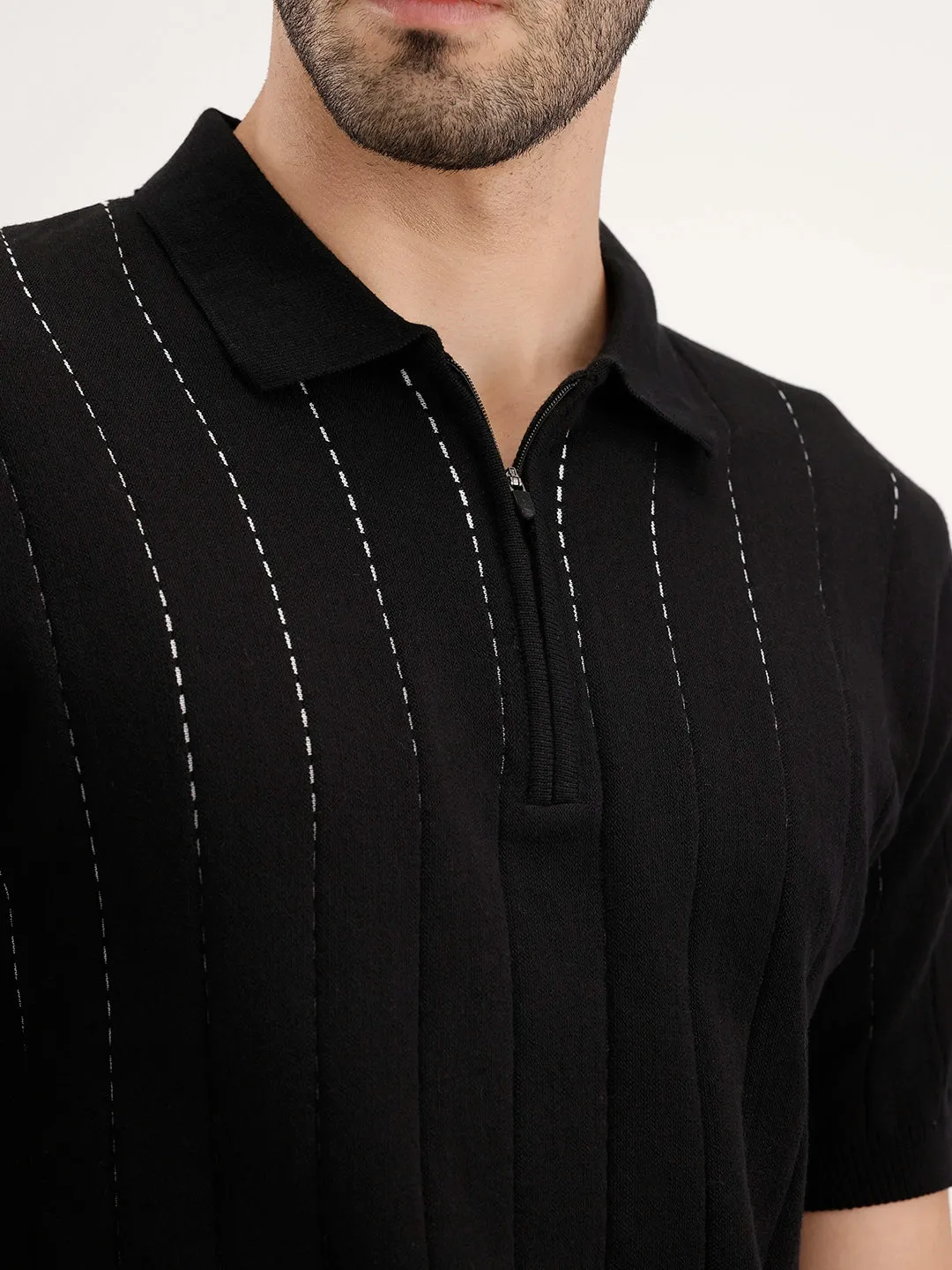 Slim Fit Flat Knit Textured T-Shirt | Black sold by Wrogn product image thumbnail 5