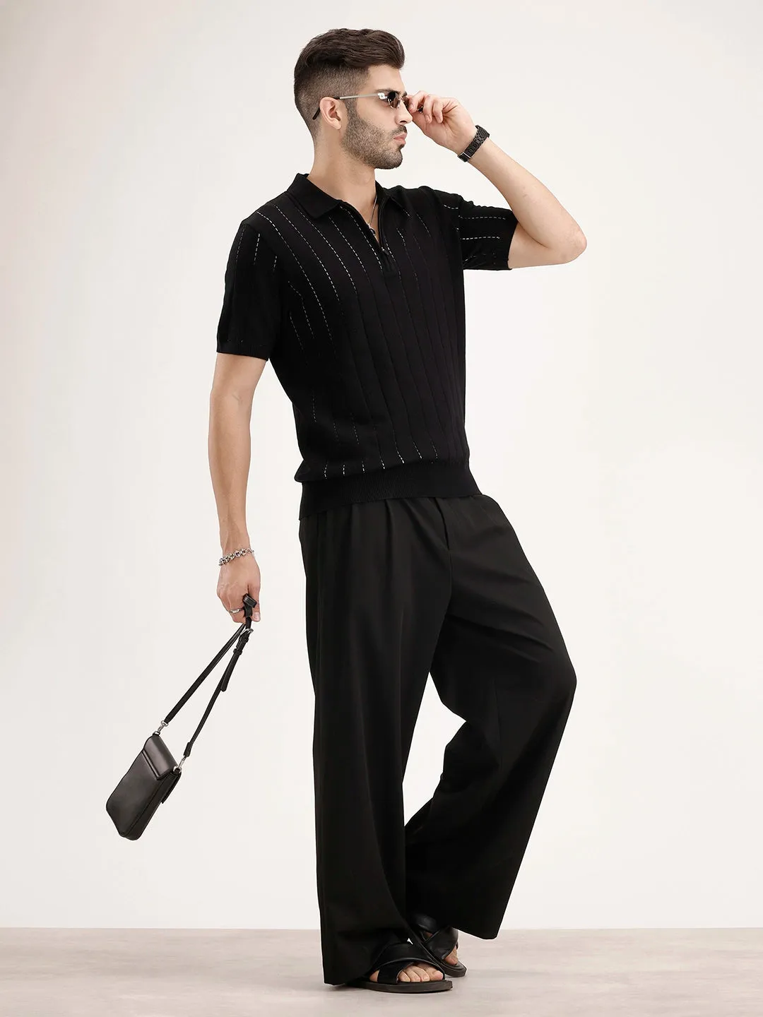 Slim Fit Flat Knit Textured T-Shirt | Black sold by Wrogn product image thumbnail 2