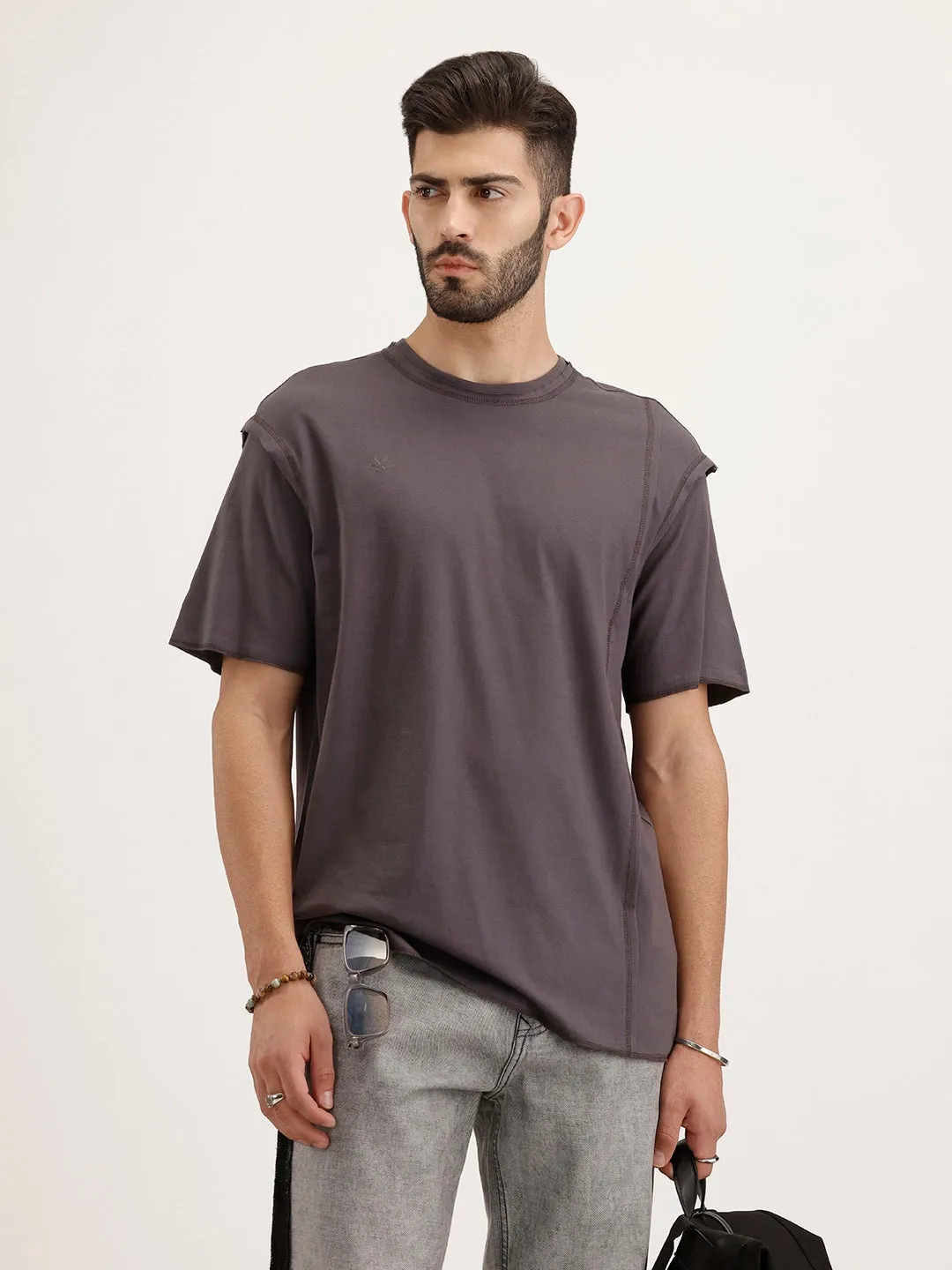 Oversized Fit Cut & Sew T-Shirt | Dark Grey sold by Wrogn