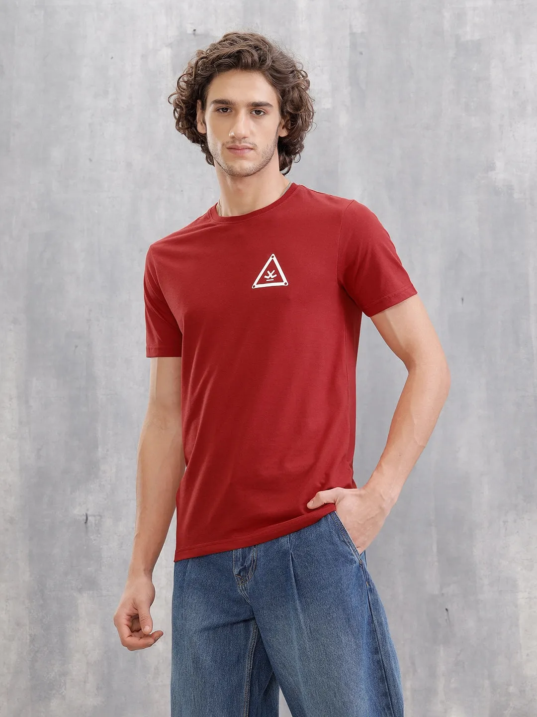 Solid Logo Slim Fit Crewneck T-shirt | Red sold by Wrogn