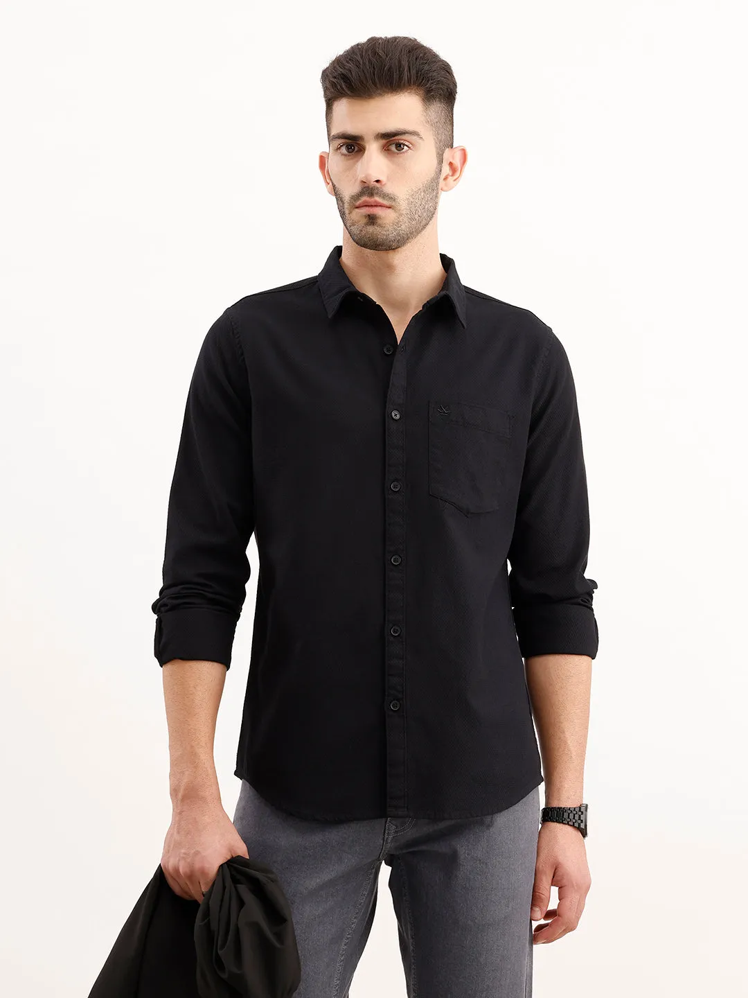 Textured Regular Fit Shirt | Black sold by Wrogn