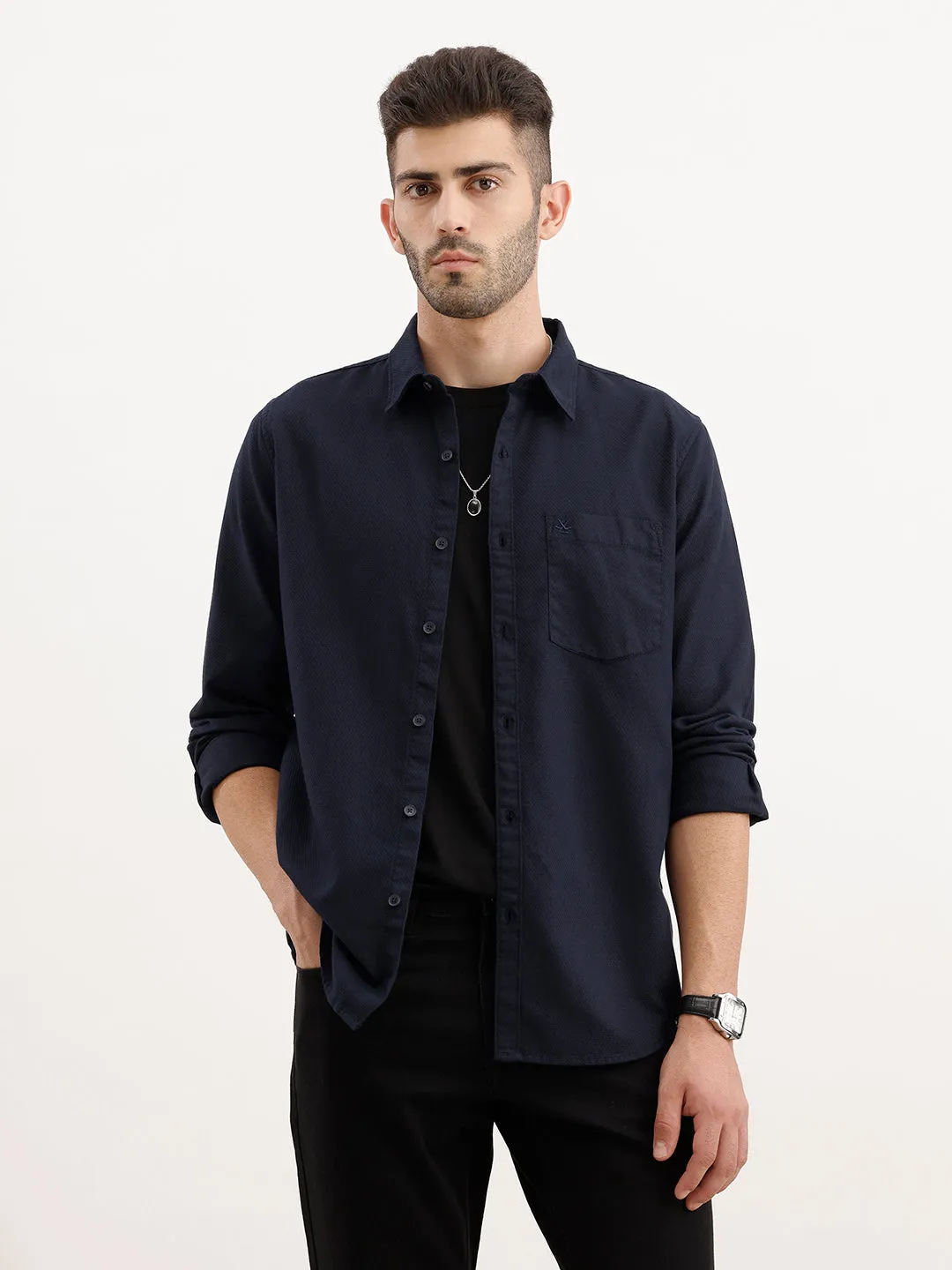 Textured Regular Fit Shirt | Navy Blue sold by Wrogn