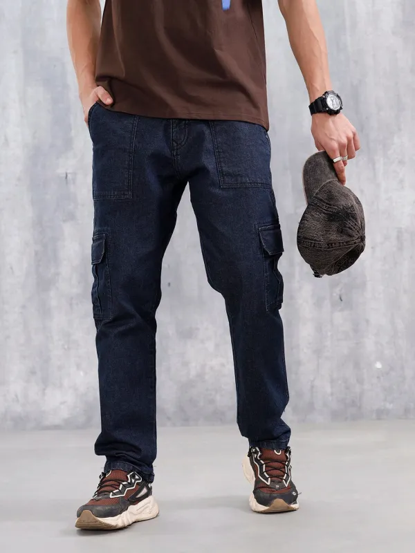 Washed Utility Cargo Jeans For Men | Dark Blue made by Wrogn