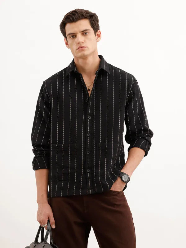 Comfort Fit Striped Textured Shirt  | Black made by Wrogn