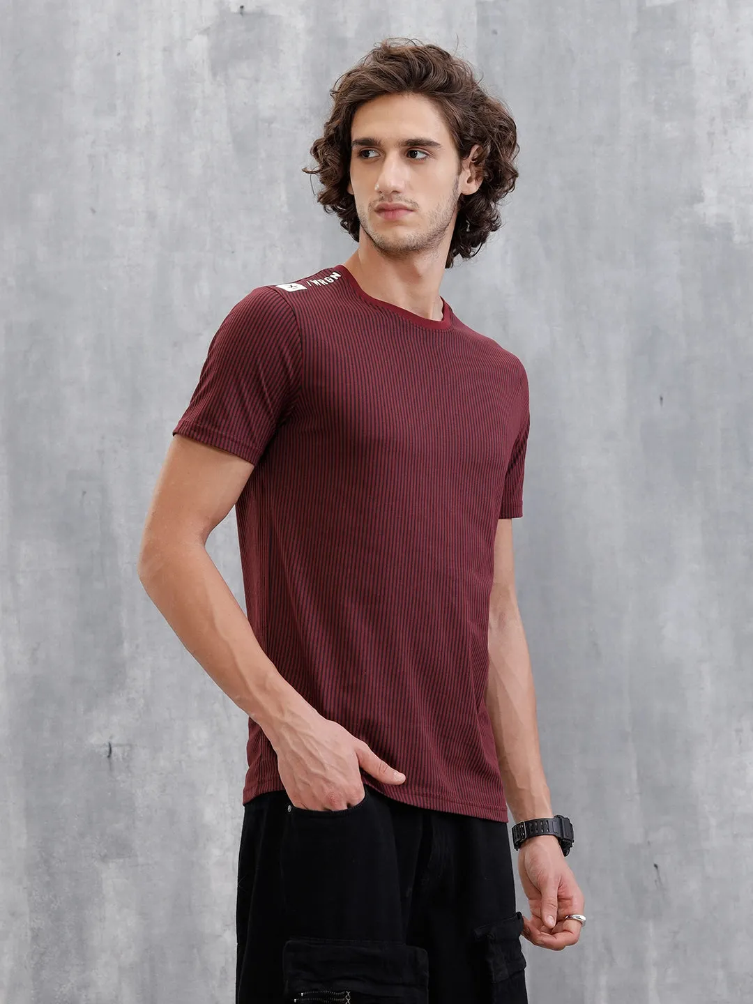 Striped Slim Fit T-Shirt | Maroon sold by Wrogn product image thumbnail 4