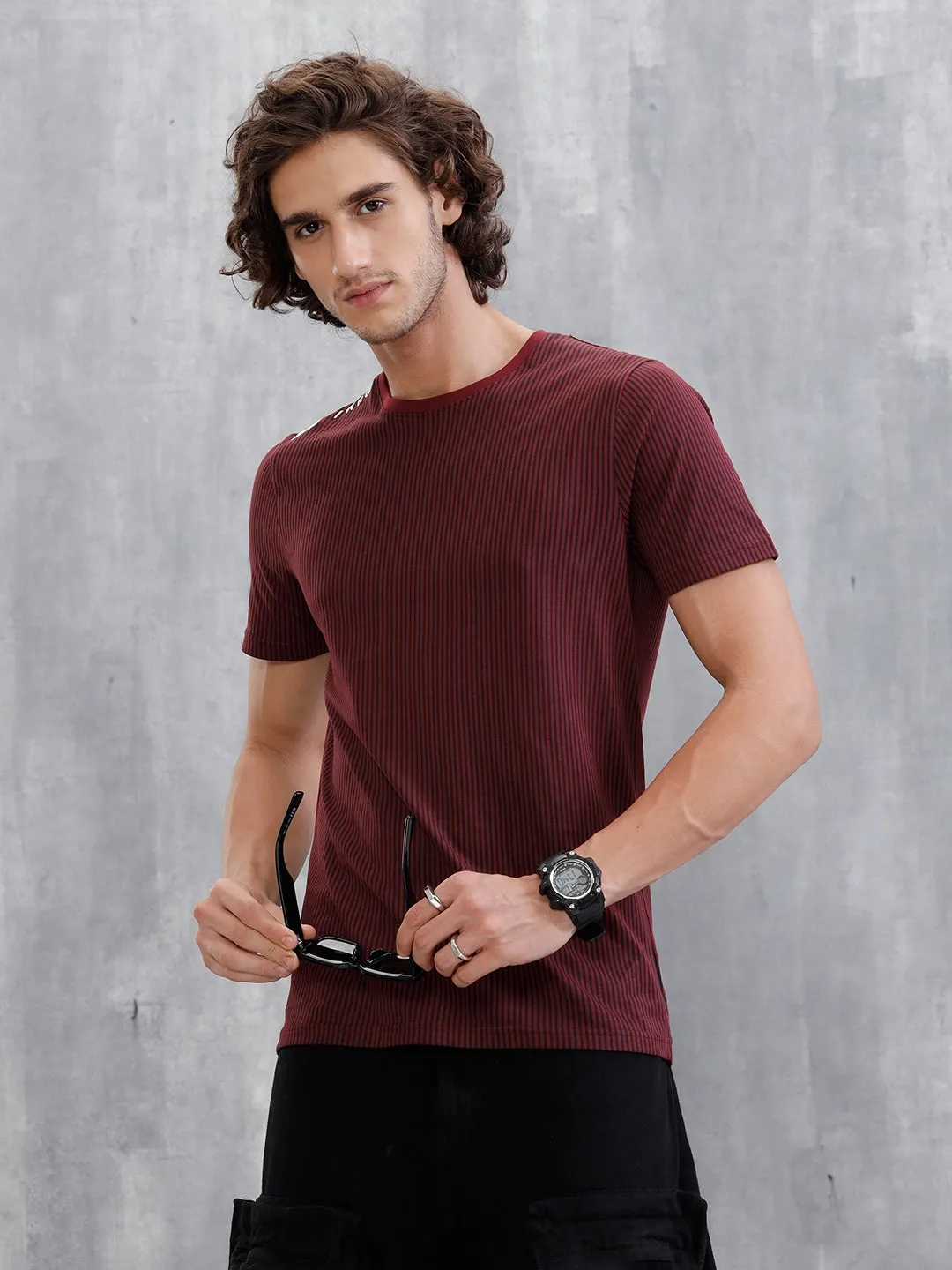Striped Slim Fit T-Shirt | Maroon sold by Wrogn