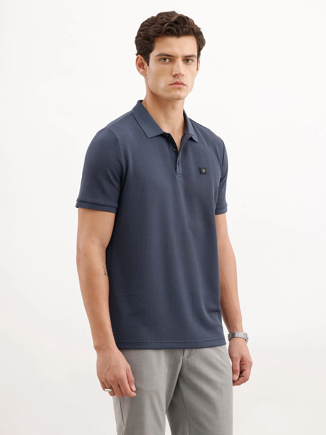 Solid Textured Polo T-Shirt | Blue sold by Wrogn product image thumbnail 4