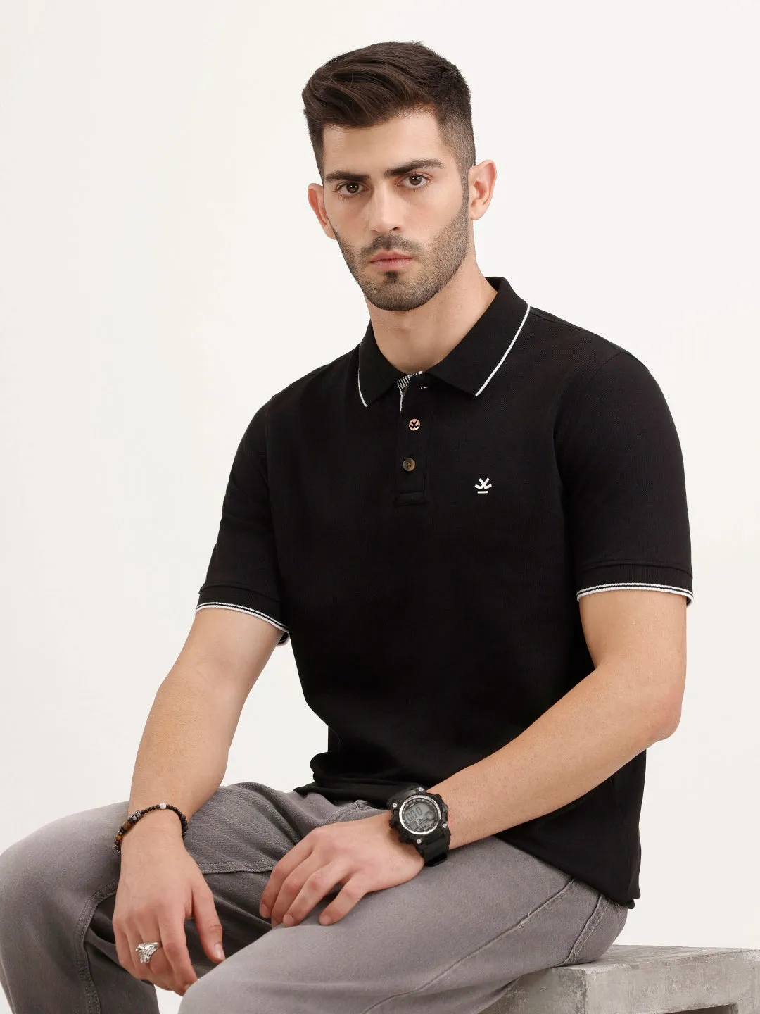 Tipping Collar Slim Fit Polo T-Shirt | Black sold by Wrogn