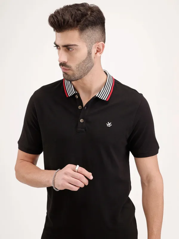 Contrast Collar Polo T-Shirt | Black made by Wrogn