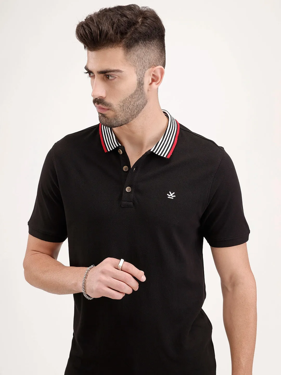 Contrast Collar Polo T-Shirt | Black sold by Wrogn