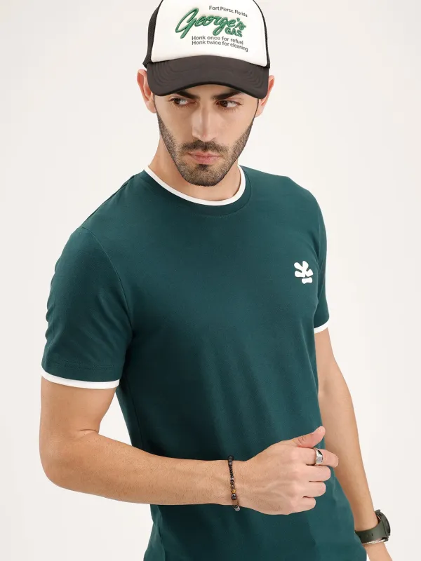 Reular Fit Contrast Collar HD Printed T-Shirt | Dark Green made by Wrogn