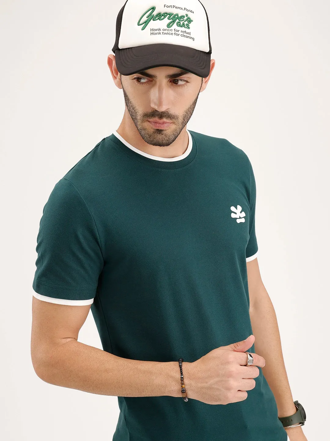 Reular Fit Contrast Collar HD Printed T-Shirt | Dark Green sold by Wrogn