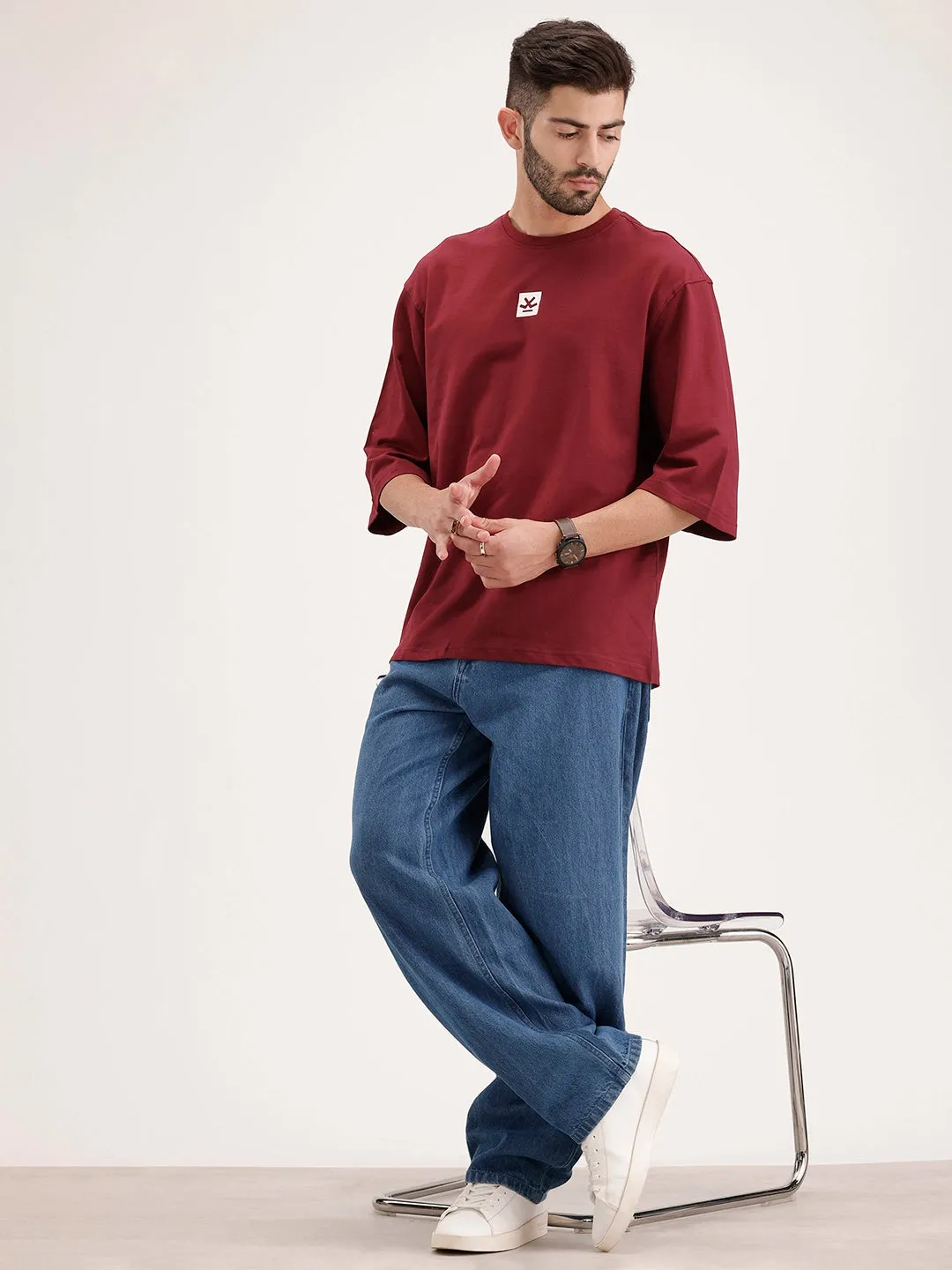 Solid Oversized 3/4 Sleeve T-Shirt | Maroon sold by Wrogn product image thumbnail 2
