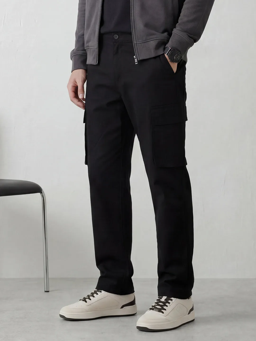Men's casual cargo loose fit trousers | Black sold by Wrogn
