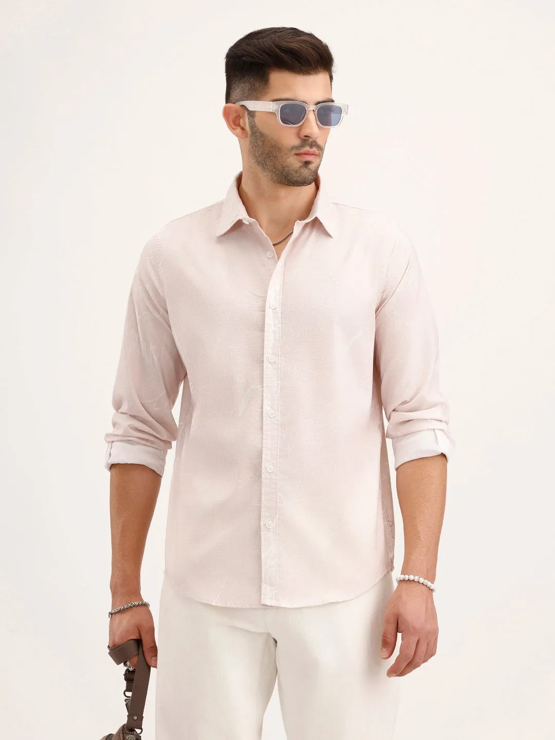 Slim Fit Textured AOP Shirt | Pink sold by Wrogn