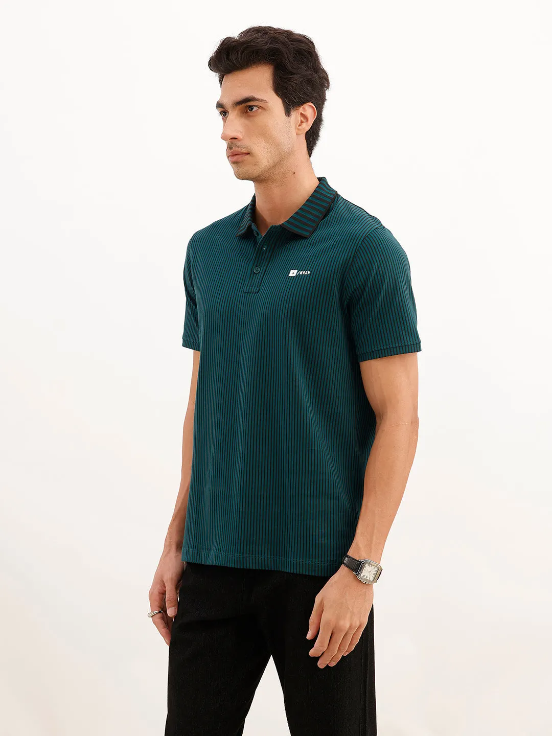Classic Slim Fit Striped Polo T-Shirt | Green sold by Wrogn product image thumbnail 4