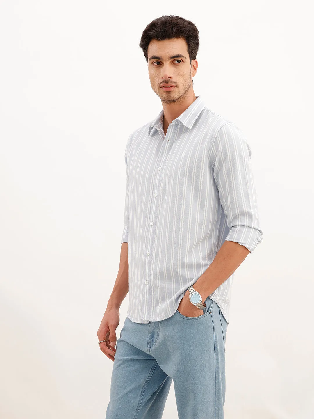 Classic Slim Fit Brushed Striped Shirt | Blue sold by Wrogn product image thumbnail 4