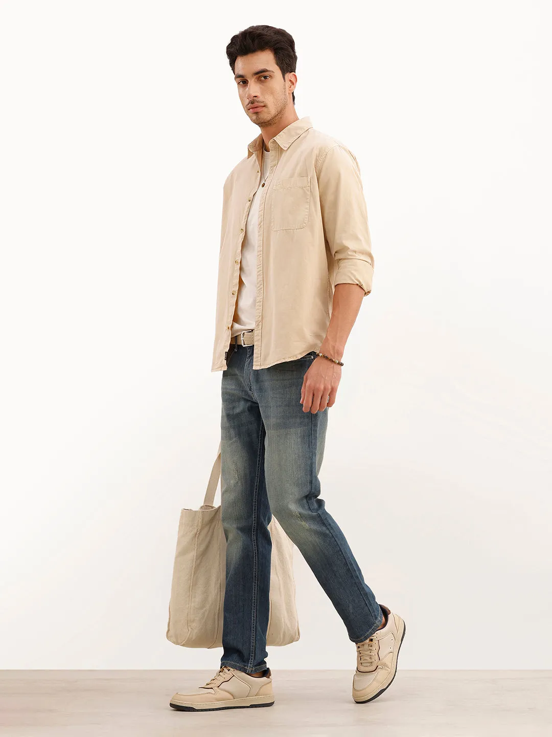 Solid Regular Fit Full Sleeve Overdyed Shirt | Beige sold by Wrogn product image thumbnail 2