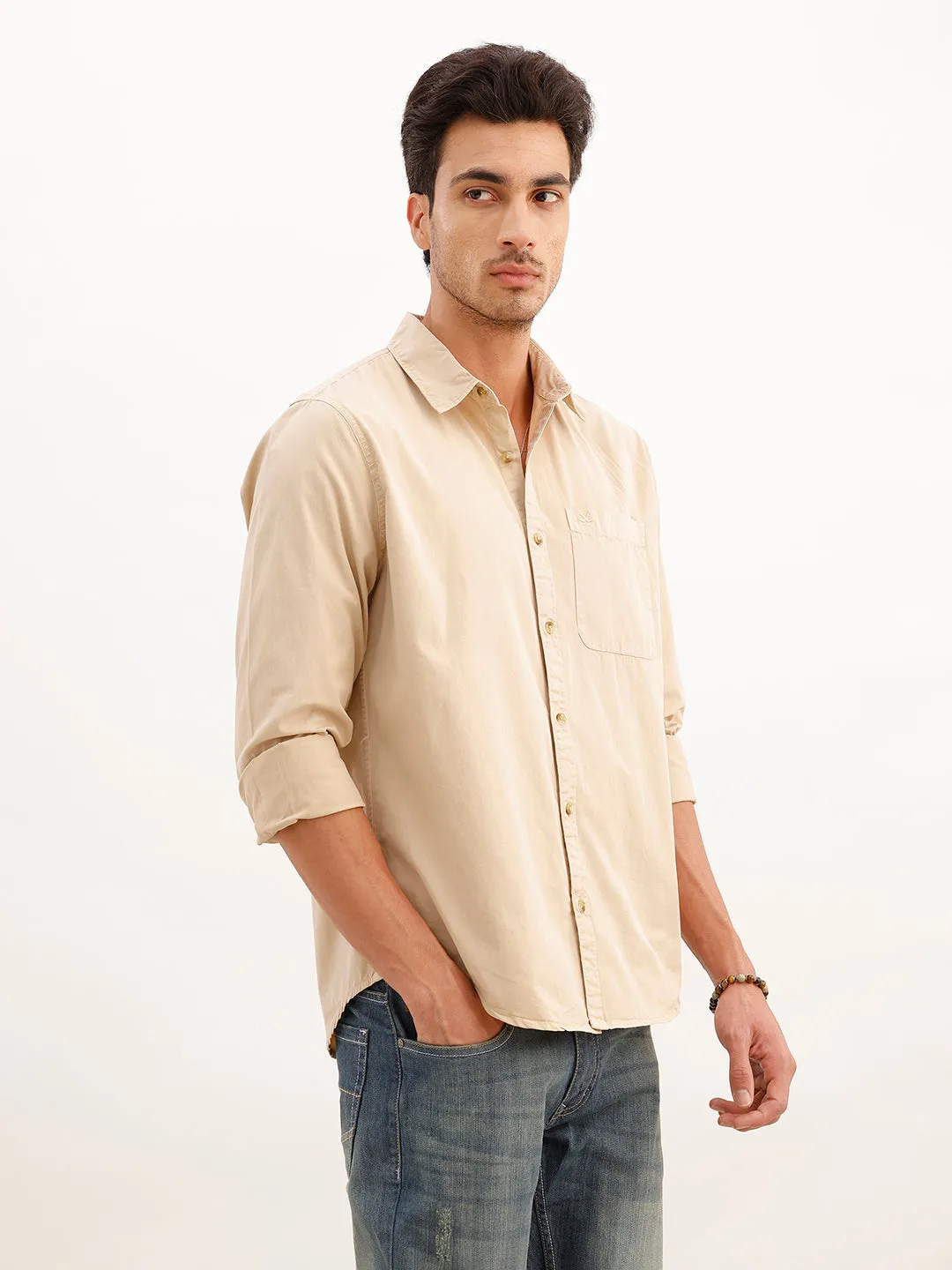 Solid Regular Fit Full Sleeve Overdyed Shirt | Beige sold by Wrogn product image thumbnail 4