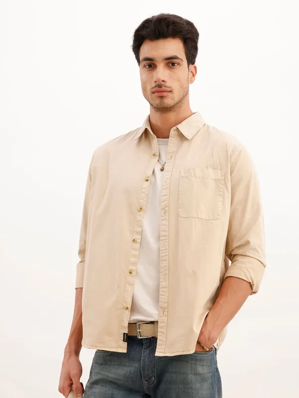 Solid Regular Fit Full Sleeve Overdyed Shirt | Beige made by Wrogn