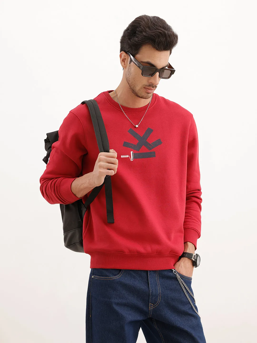 Comfort Fit Placement Printed Sweatshirt | Red sold by Wrogn