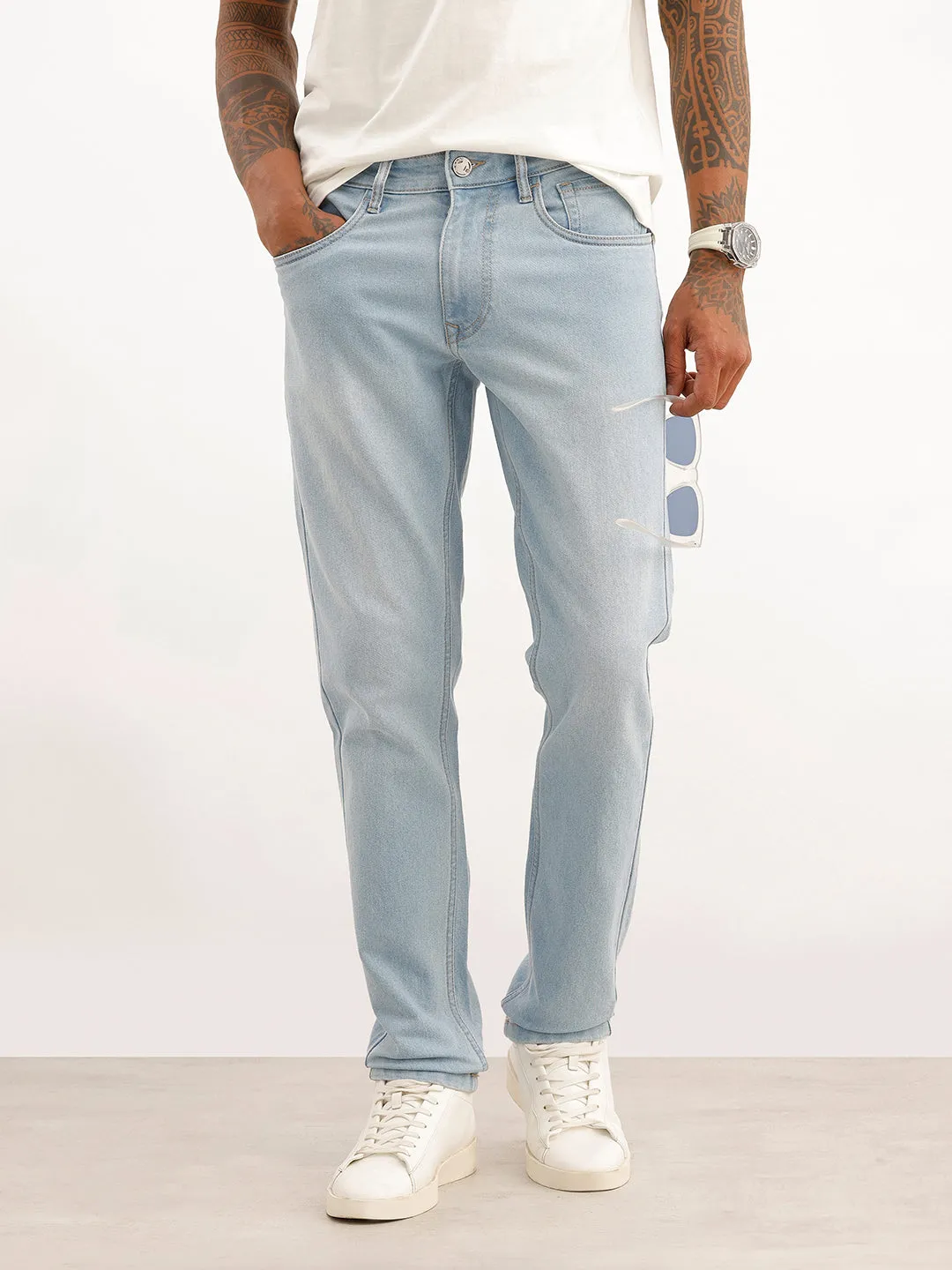 Solid Slim Fit Denim Jeans | Blue sold by Wrogn
