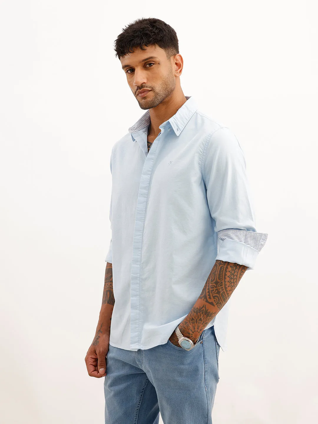 Classic Solid Double Placket Shirt | Blue sold by Wrogn product image thumbnail 4