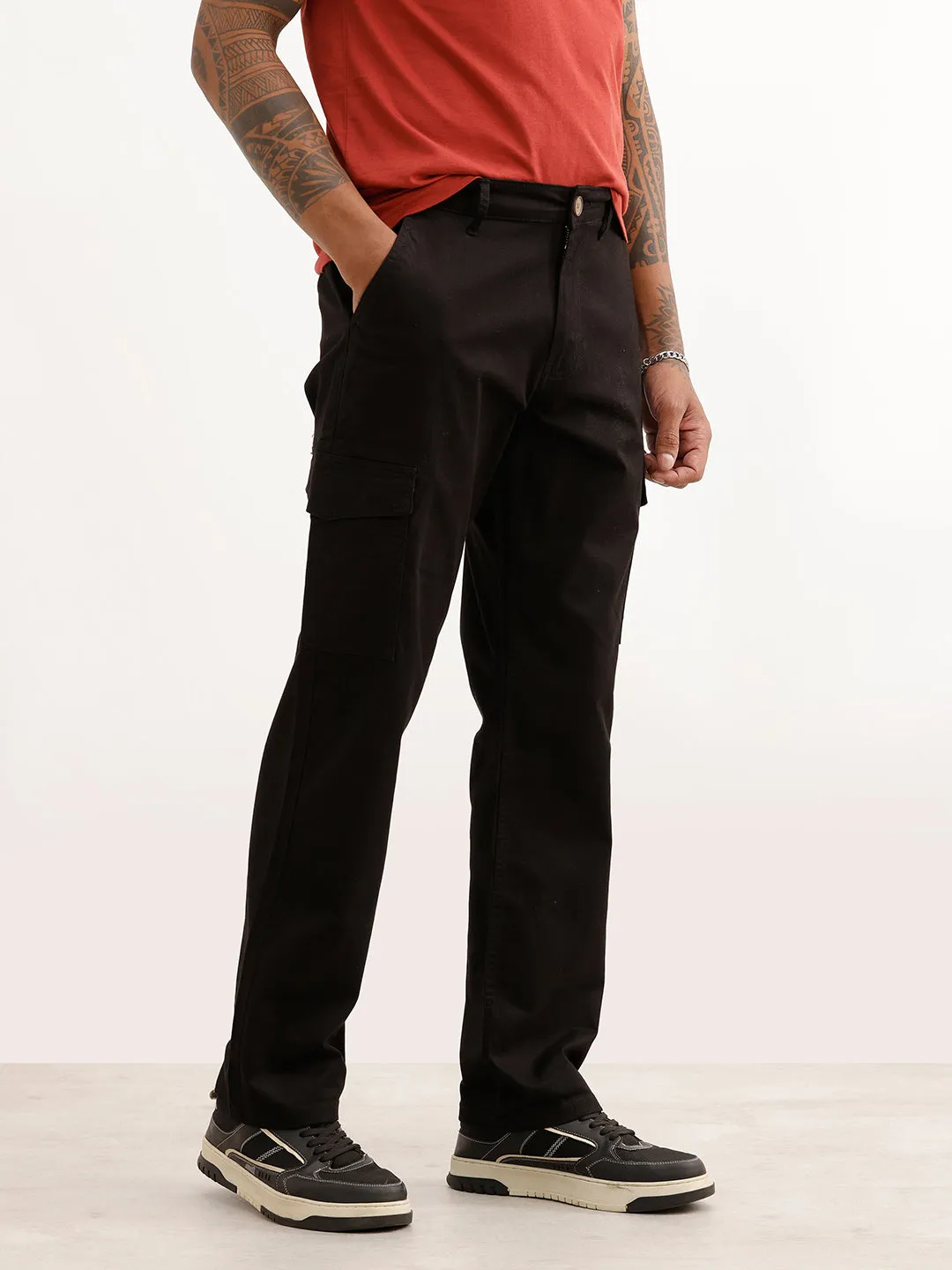 Solid Straight Fit Cargo Trouser | Black sold by Wrogn product image thumbnail 4
