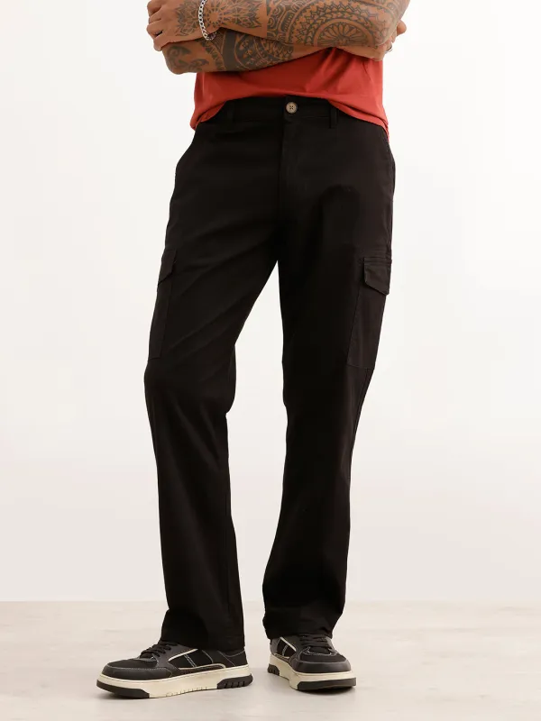 Solid Straight Fit Cargo Trouser | Black made by Wrogn