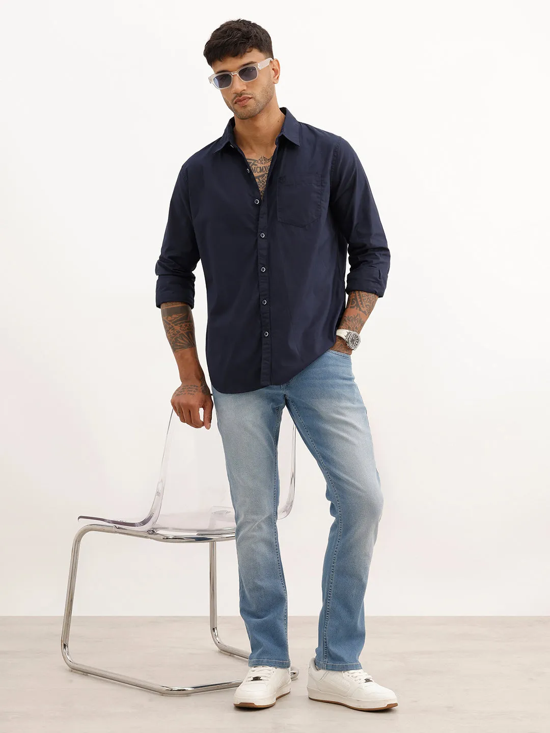Solid Regular Fit Full Sleeve Shirt | Navy Blue sold by Wrogn product image thumbnail 2