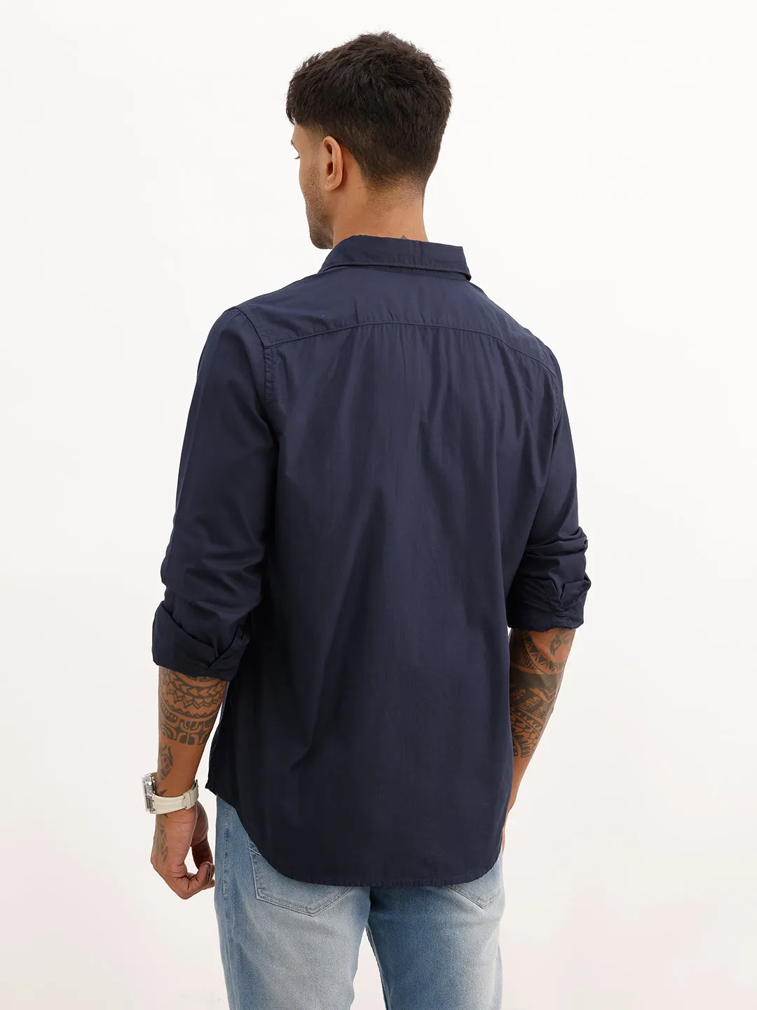 Solid Regular Fit Full Sleeve Shirt | Navy Blue sold by Wrogn product image thumbnail 3