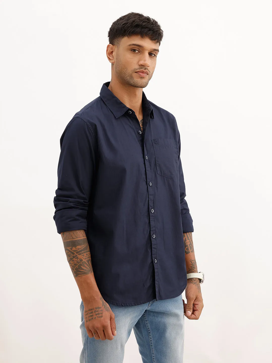 Solid Regular Fit Full Sleeve Shirt | Navy Blue sold by Wrogn product image thumbnail 4