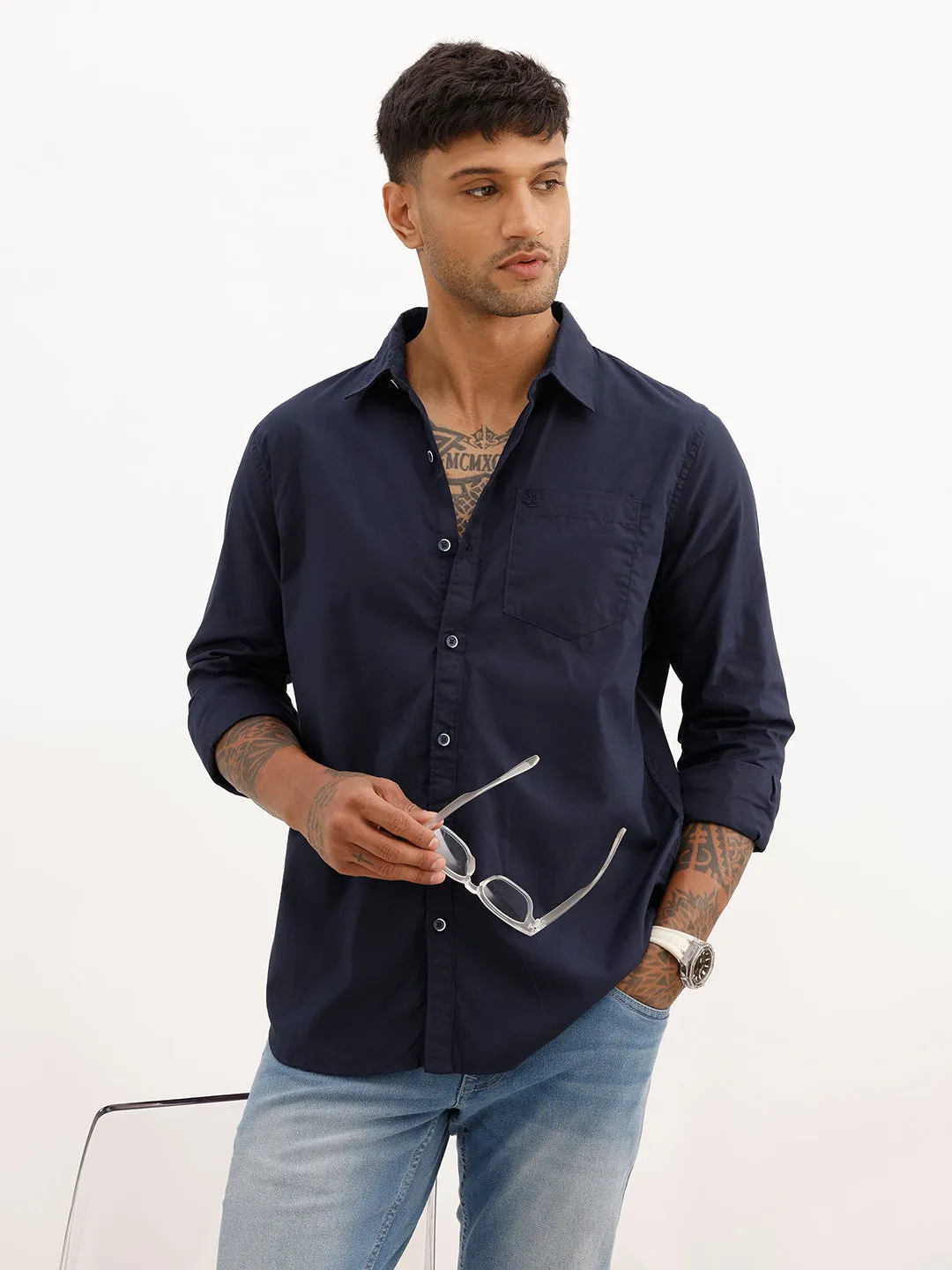 Solid Regular Fit Full Sleeve Shirt | Navy Blue sold by Wrogn
