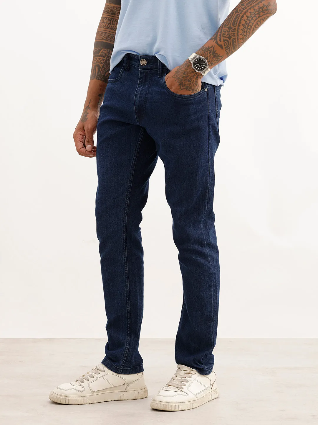 Solid Slim Fit Denim Jeans | Dark Blue sold by Wrogn product image thumbnail 4