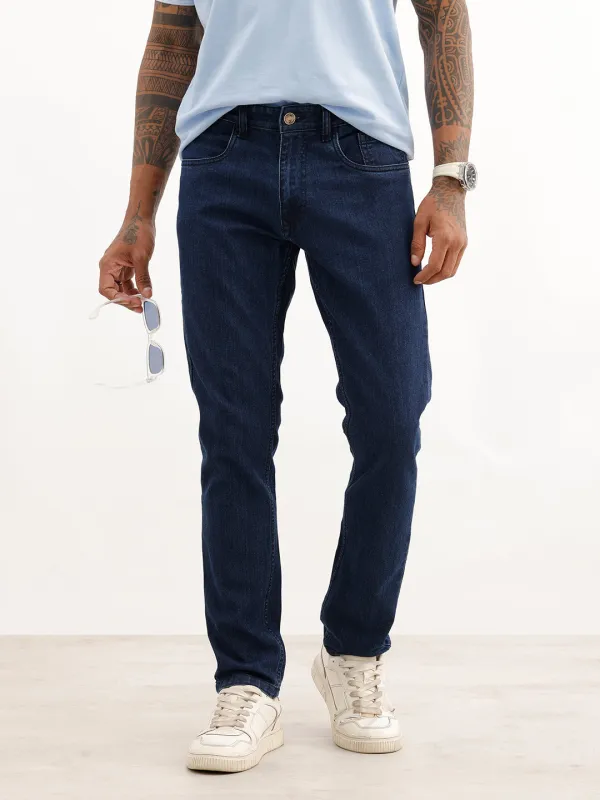Solid Slim Fit Denim Jeans | Dark Blue made by Wrogn