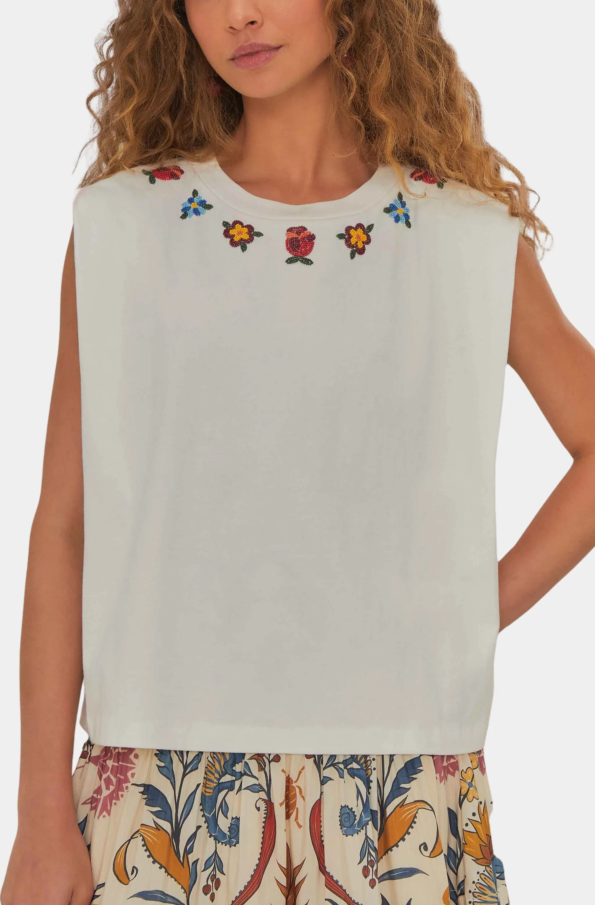Beaded Flowers White T-Shirt sold by Hemline