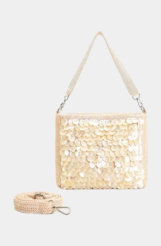 Embellished Shells and Raffia Bucket Bag made by America & Beyond