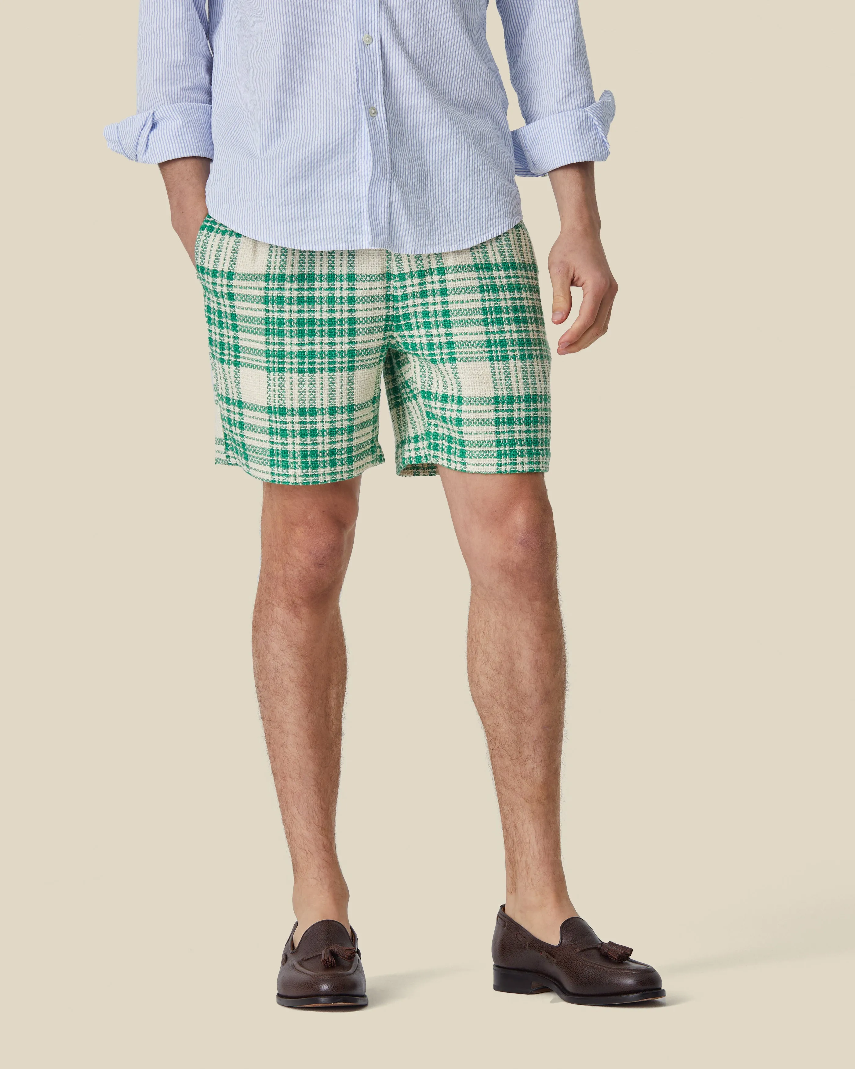 GARDEN PLAID BOUCLÉ SHORTS - GREEN sold by Portuguese Flannel