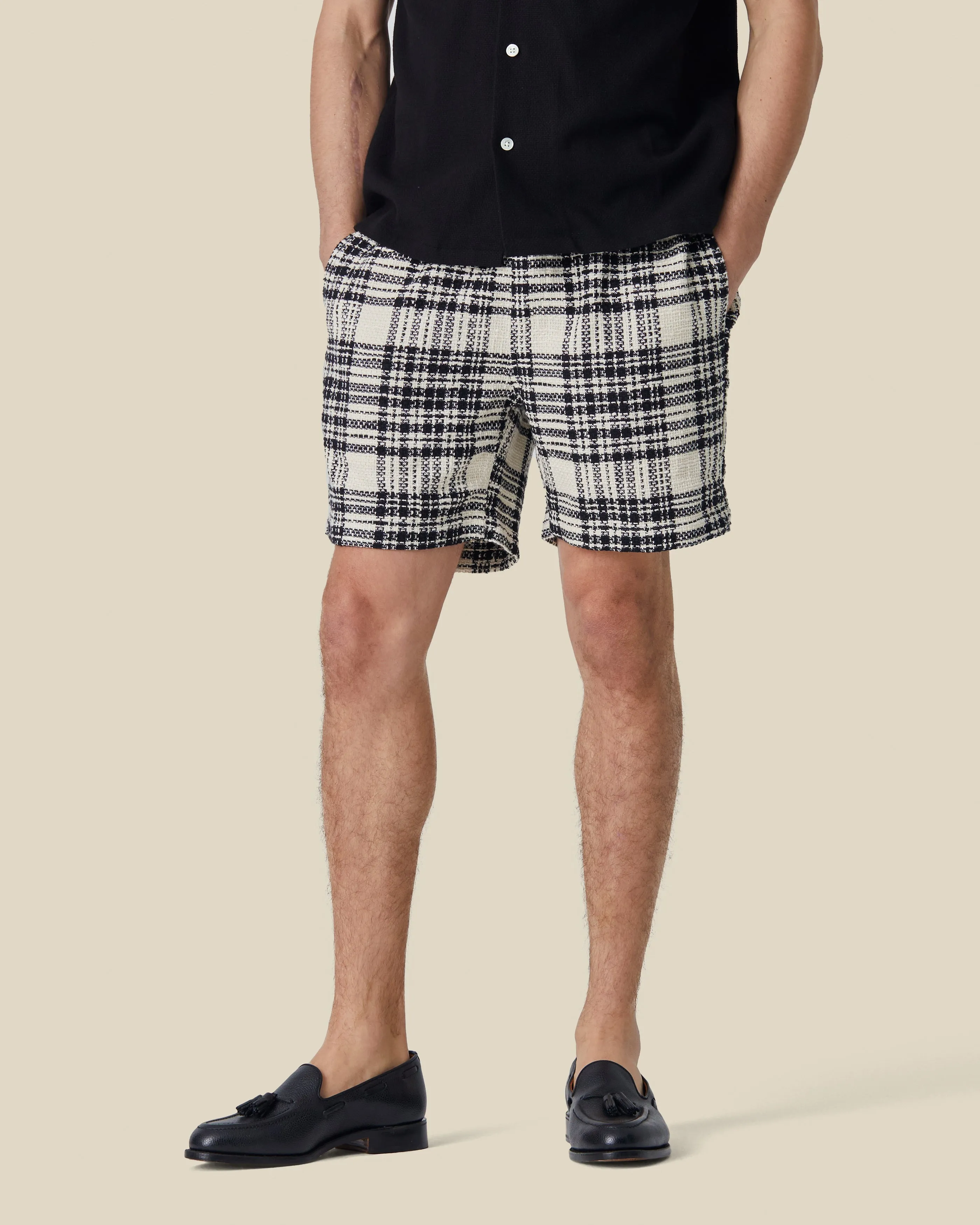 GARDEN PLAID BOUCLÉ SHORTS - BLACK sold by Portuguese Flannel