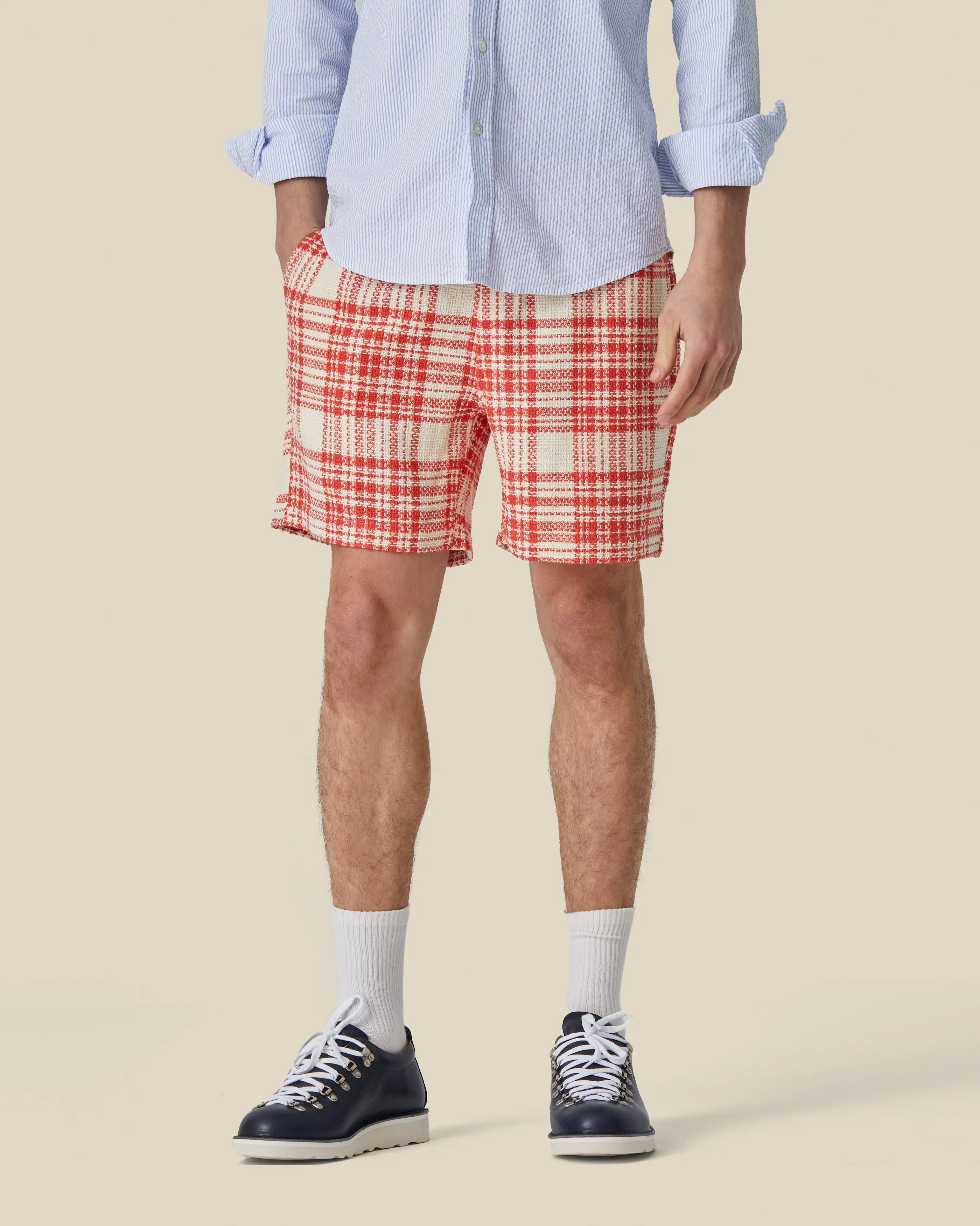 GARDEN PLAID BOUCLÉ SHORTS - RED sold by Portuguese Flannel