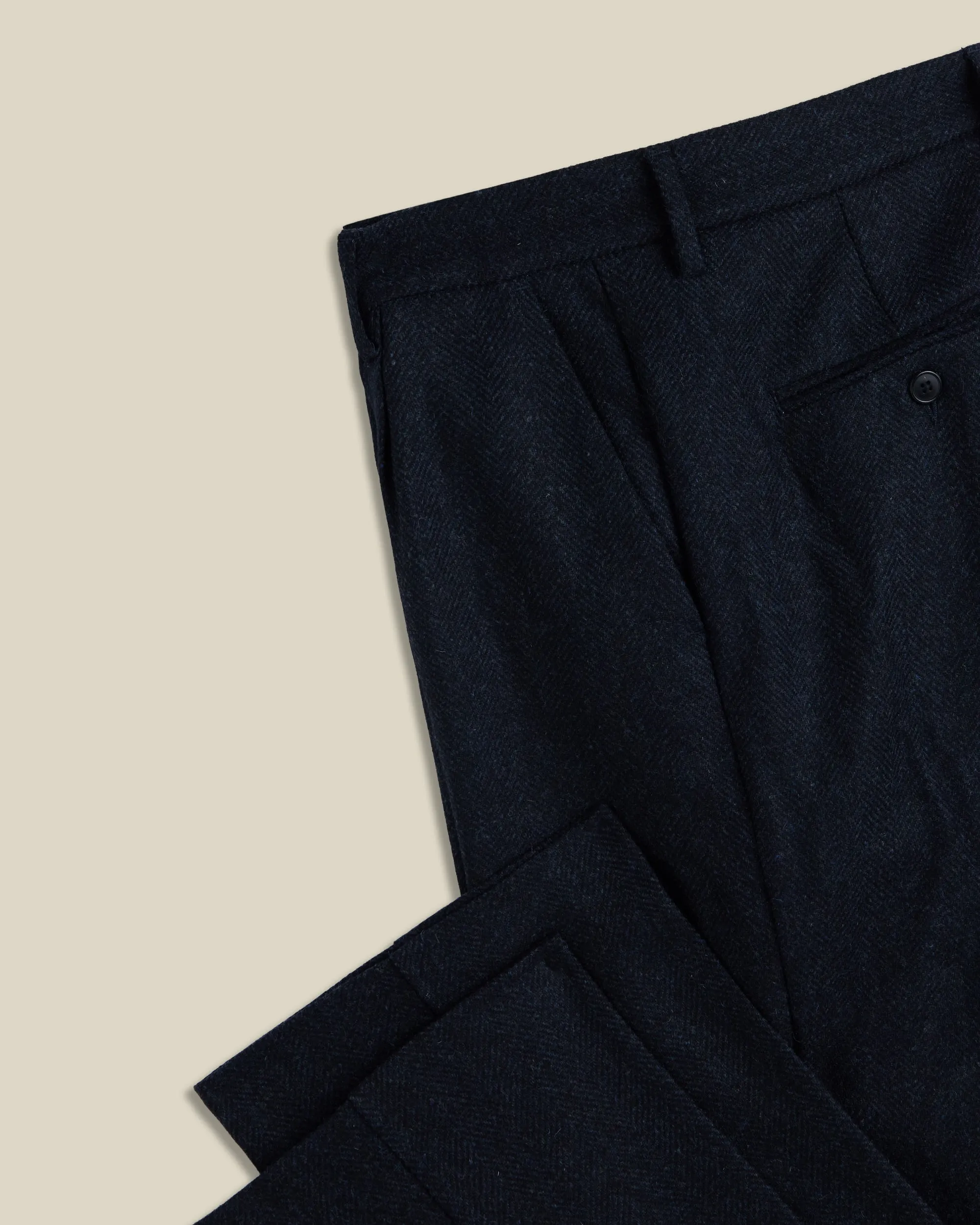 Single Pleat Herringbone Wool Trousers - Navy sold by Portuguese Flannel product image thumbnail 4