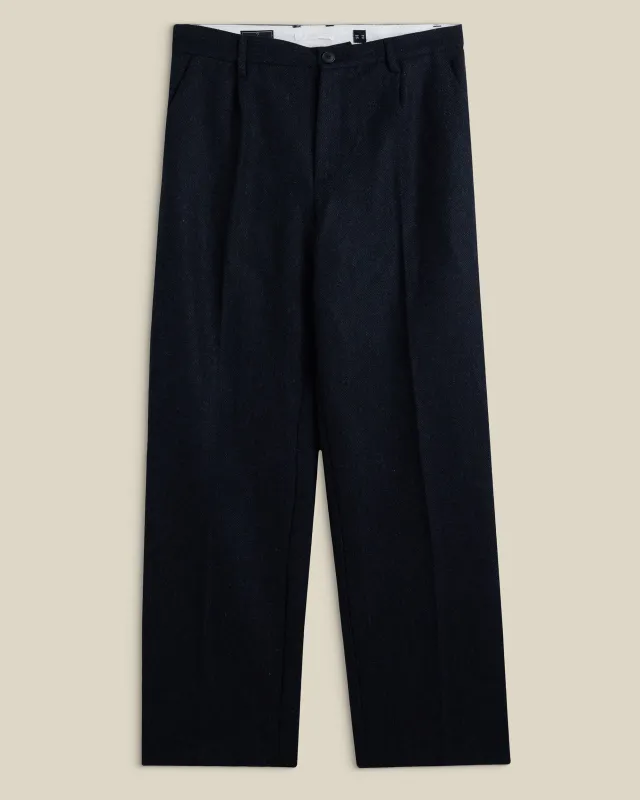 Single Pleat Herringbone Wool Trousers - Navy made by Portuguese Flannel
