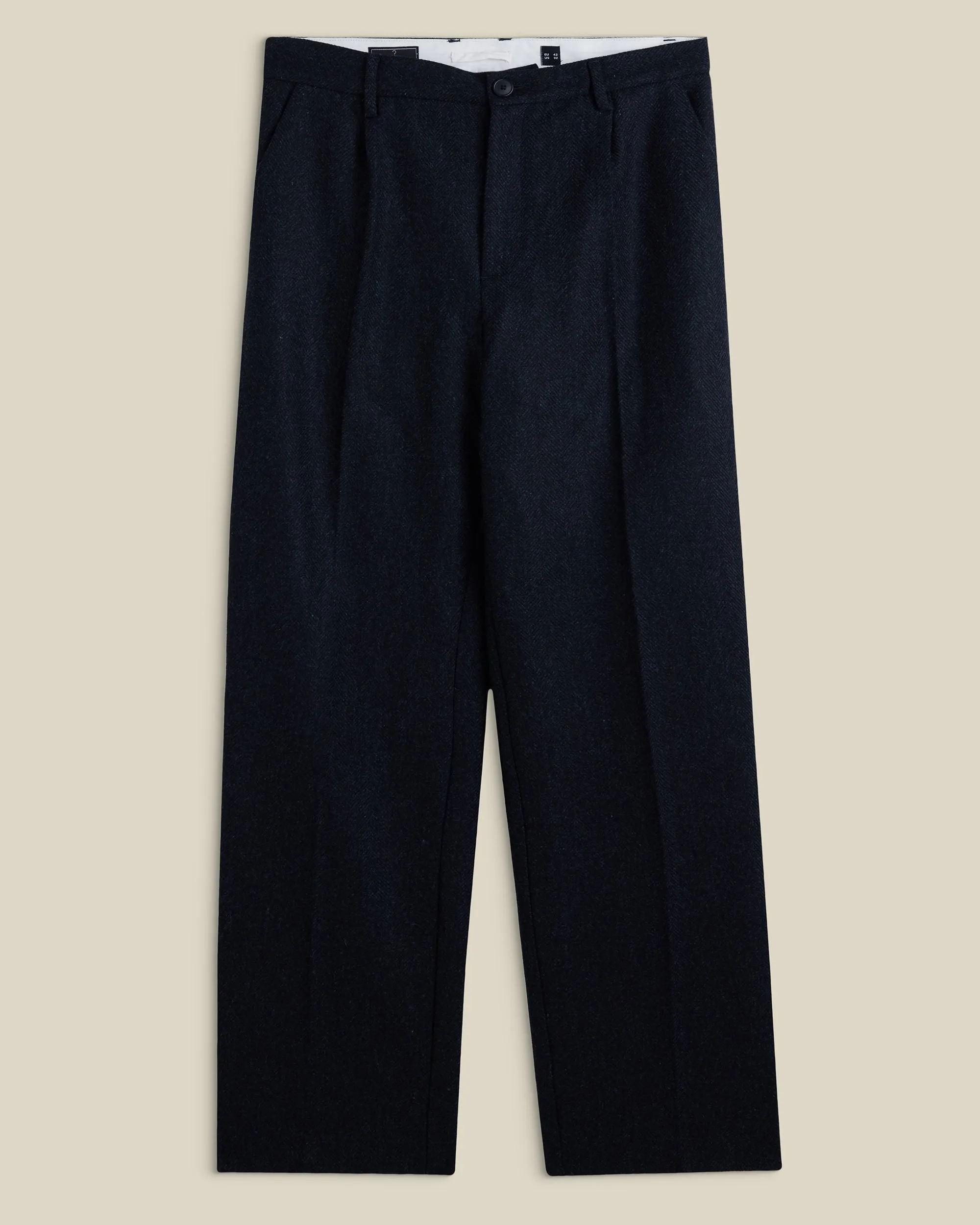 Single Pleat Herringbone Wool Trousers - Navy sold by Portuguese Flannel