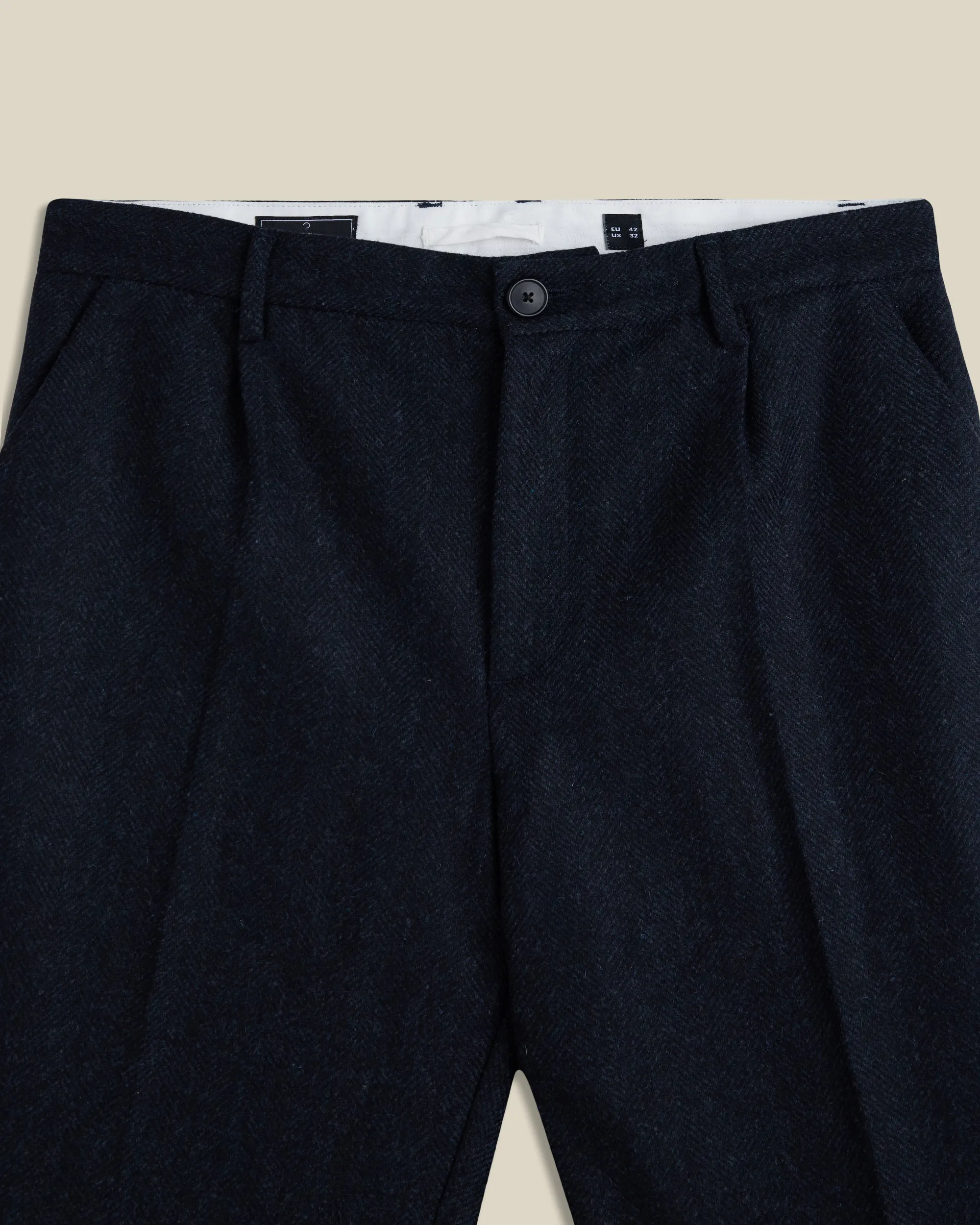 Single Pleat Herringbone Wool Trousers - Navy sold by Portuguese Flannel product image thumbnail 2