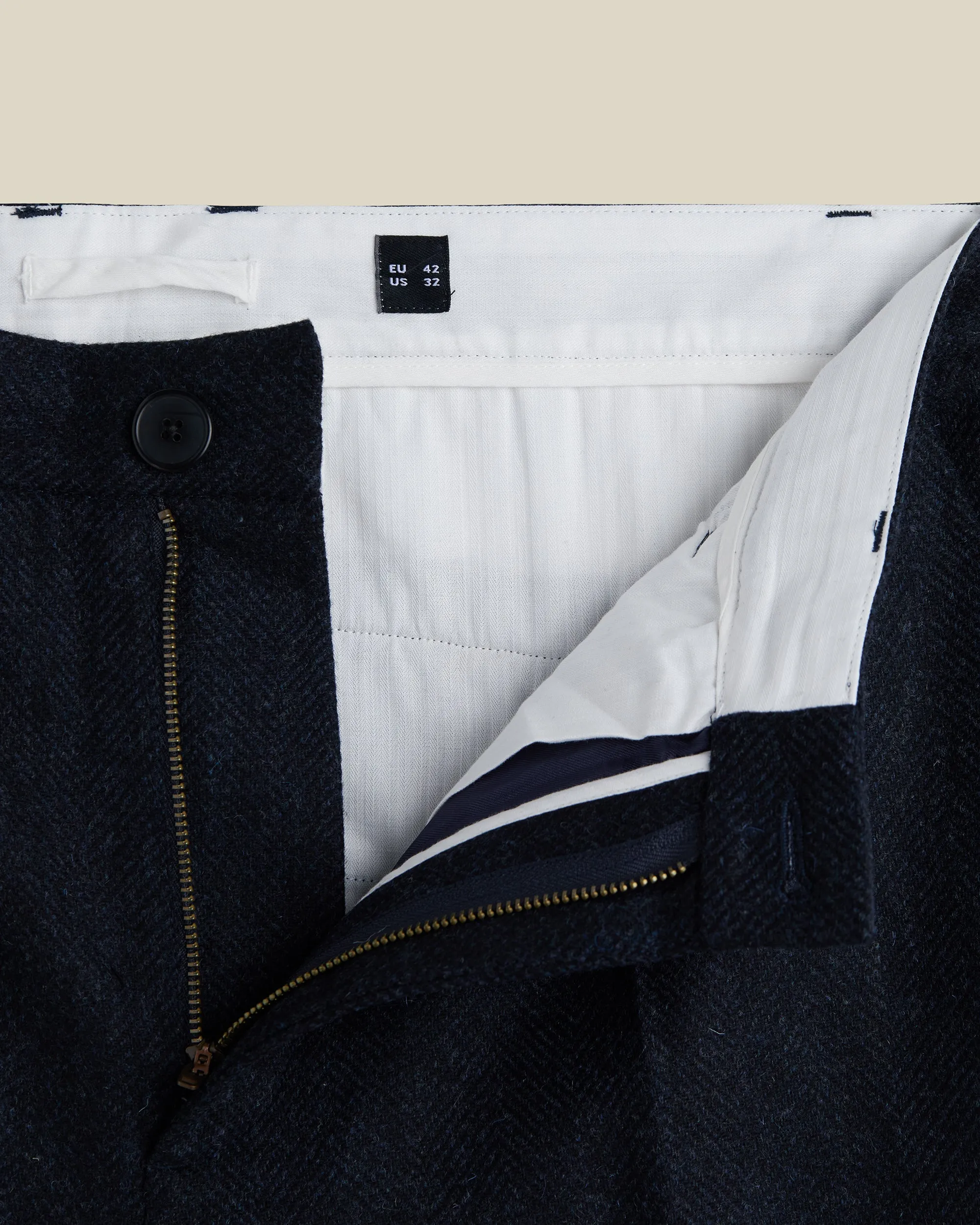 Single Pleat Herringbone Wool Trousers - Navy sold by Portuguese Flannel product image thumbnail 3